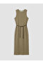 Khaki Crew Neck Belted Textured Dress