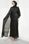 Black Cape Detailed Draped Stone Embellished Evening Dress