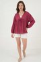 Women's Round Neck Gathered Waist Long Sleeve Viscose Burgundy Blouse - 2