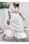 Women's V-Neck Lace Maxi Dress, Summer Boho Elastic Smocked Waist Dresse with Ruffled Sleeve, White - 6