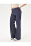Women's Navy Blue Flare Pants, Regular Waist, Wide Legs, Slim Fit Trousers - 6