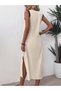 Women's Strappy V-Neck Front Stripe Detailed Slit Aerobin Long Dress - 5