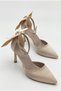 Women's Stoned Bow Detailed Ankle Strap Beige Satin Stiletto Pointed Toe Thin Heeled Evening Dress Shoes - 6