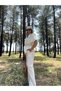 Women's White Color Flam Linen Safari Style Belted Shirt Pants Lower Top Linen Suit - 3
