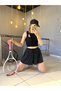 Women's Anthracite Black Color Elastic Waist Lace-Up Mini Short Skirt Tennis Skirt