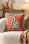 Fringed Throw Pillow Cover with Floral and Zebra Figures - Orange Eclectic Pillowcase with Cream Tassels - 5