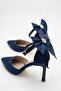 Women's Stoned Bow Detailed Ankle Strap Stiletto Pointed Toe Thin Heeled Navy Blue Satin Evening Dress Shoes - 8