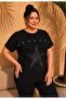 Women's Black Plus Size Front Mesh Piece Stone Star Print Short Sleeve Stretchy Viscose Blouse - 4