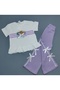 Daisy Printed Ruffle T-Shirt and Waffle Fabric Side Bow Pants Girls' Set 2-6 Years - 2