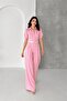 Women's Pink Shirt Collar Belt Wide Leg Jumpsuit Nbk4197 - 2