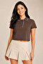 Women's Brown Contrast Ribbed Polo Collar Crop T-Shirt - 3