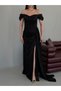 Black Off-Shoulder Draped Glittering Long Evening Dress - 4