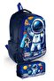Boys' Primary and Secondary School Backpack + Pen Holder Set - Navy Blue and White Astronaut Print