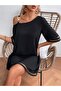 Women's Tulle Stripe Detailed One-Shoulder Crepe Dress - 5