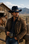Men's Navy Blue Cowboy Western Style Leather Detailed Vintage Hat - 5