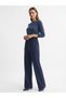 Navy Blue High Waist Tie Belted Wide Leg Fabric Trousers for Women - 2