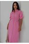 Women's Shirt Collar Buttoned Watermelon Sleeves Belted Slit Textured Maxi Shirt Dress - 6