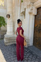 Women's Burgundy Boat Neck Blouse Pants Cotton Set - 3