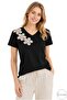 Women's Black 100% Cotton Regular Fit Floral Embroidered Knitted T-Shirt - 4