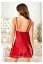 Red Satin Nightgown with Straps and Lace Detailing and Deep Slit - 2