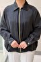Front Pleated Detailed Zippered Advertized Sleeve Lined Bomber Jacket - 3