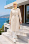 Women's Striped Patterned Belted Linen Beige Shirt