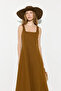 Square Neck Long Cotton Linen Dress - Tan - 4