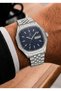 Men's Silver Metal Cord Navy Blue Dial Calendar Wrist Watch 2 Years Warranty