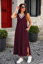 Women's V-Neck Stripe Detailed Long Viscose Dress with Pockets - 2