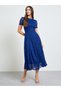 Blue Lace A-Line Midi Dress with Embellishment - 3