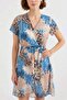 Women's Short Sleeve Belted Patterned Chiffon Blue Dress - 6