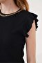Women's Round Neck Ruffle Sleeve Black Blouse - 2
