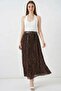 Women's Belted Pleated Patterned Brown Skirt - 3