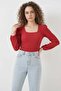 Women's Round Neck Embossed Fabric Red Blouse - 2