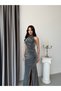 Silver Draped Halter Neck Evening Dress with Stones - 3