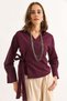Women's Double-Breasted Collar Shirt with Side Belt in Burgundy - 3