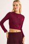 Women's ribboned long sleeve crop blouse burgundy - 3