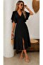 Women's short butterfly sleeve v-neck front slit button-down midi janjan crepe dress - 2
