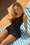 One-Shoulder Women's Black Swimsuit with Skirt and Shorts-Lycra Beachwear with Chest Pad - 5