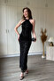 Neck Tie Jacquard Tulle Midi Black Dress - 8