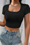 Women's Black Half Sleeve Straight Collar Crop Top Blouse