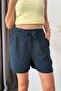 Women's Adjustable Waist Double Pocket 100% Cotton Shorts Navy Blue - 5544 - 2
