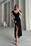 Slit Butterfly Sleeve Plain Viscose Dress - 5
