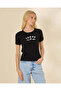 Women Black Graphic Ribbed T-Shirt