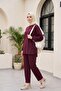 Long Back-Cut Crew Neck Top with Elasticated Sleeves and Trousers Set - Plum - 4