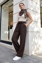 High Waist Double Button Tencel Wide Leg Pants - Brown