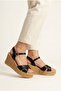 Black Leather Cross-Strapped Wedge Heel Sandals - 8 cm High with Soft Padding Inside