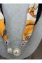 Women's Beige Mustard Patterned Magnetic Scarf Necklace with Large Pearl Detail, Stylish Fabric Neck Necklace - 2