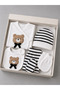 Textured Teddy Bear Detailed Cotton Striped 5-Piece Boxed Newborn Hospital Discharge Set 0-3 Months