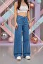 Medium Blue Stretchy Wide Leg High Waist Jean Loose Fit Comfortable Cut Denim Trousers - 4